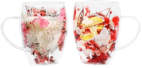 LeKuni Juego de 2 vasos para latte macchiato con flores secas, 350 ml, vasos de doble pared, vasos térmicos de doble pared, para té, hielo, té helado, rosa y rojo