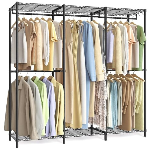 SONGMICS Clothing Rack, Heavy-Duty Garment Rack with Adjustable Storage Shelves and Hanging Rails, Hooks, Freestanding Portable Wardrobe Closet Rack, Ink Black ULGR436B01