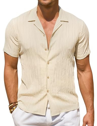 DEMEANOR Mens Linen Shirts Short Sleeve Textured Summer Shirts for Men Linen Hawaiian Shirt Men's Casual Shirts Beige
