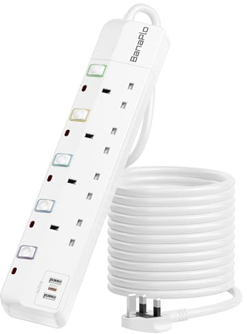 5M 4 Way Extension Lead with 3 USB Ports, Plug Extension Socket with Independent Switchs, Extension Cable with 2 USB A & 1 PD 20W USB C, Wall Mount Extension Cord, 13A Fused UK Plug 3250W for Home