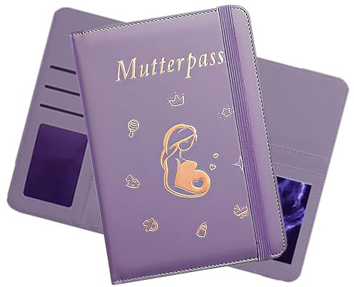 Mutterpass Schutzhülle, Mutterpasshülle aus Kunstleder, Deutscher Mutterpass, Mutterkindpasshülle mit 9 Fächern für Ultraschallbild, Versichertenkarte, Impfpass, Schwangerschaft Verkünden, Lila