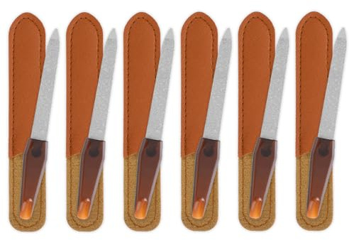 Lot de 6 mini limes à ongles - En acier inoxydable - Professionnel - En métal - Pour manucure et pédicure - Avec étui en cuir - Limes à ongles double face en acier inoxydable - Marron