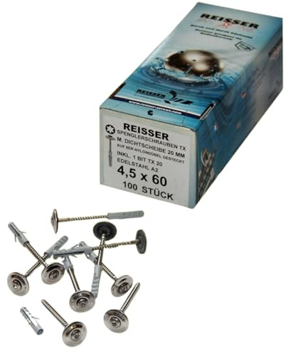 Reisser Spenglerschrauben 4,6x60 mm 100 Stück inkl. Dübel und Bit Torx Holzschrauben Edelstahl A2 Rostfrei Fassadenschrauben Heimwerker Industrie