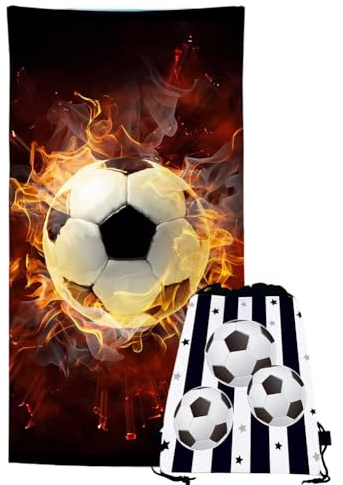 GVMJHYK Personalisiertes Fußball Handtuch, Feuer Fußballmuster Strandtuch 2pcs Strandtücher mit Taschen, für Schwimmen, Surfen, Bad, Pool, Fitnessstudio