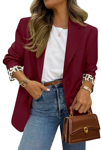 PRETTYGARDEN Blazers for Women 2026 Fall Work Office Suit Jackets Dressy Open Front Leopard Blazer Business Casual Outfits (Burgundy,Large)