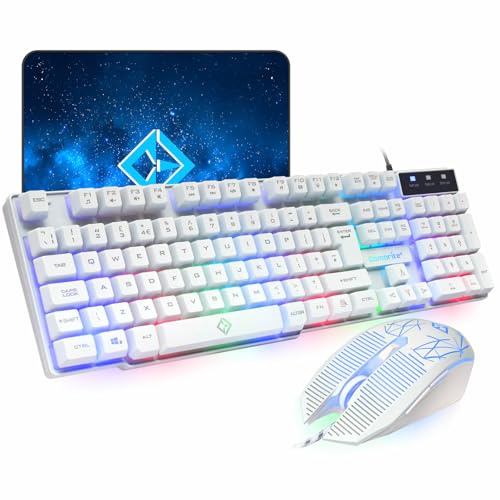 Combrite Raptor Gaming Keyboard And Mouse Set With Large Mouse Pad, Rainbow LED, USB Wired Desktop Combo, UK Layout, For Desktop PC, Laptop, PS4, PS5, Xbox One, Black (White)