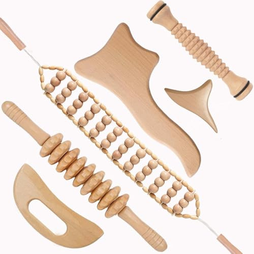 6 Stück Massagegerät Aus Holz: Cellulite Lymphdrainage Set mit Gua Sha Triggerpunkt (3in1), 1 Faszienstab, 1 Faszienrolle, 1 Fußmassageroller für Körperformung, Gesichtsmassage&Muskelentspannung