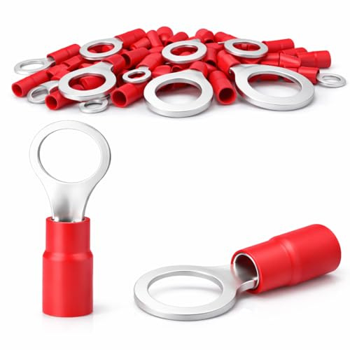 WEBMATEL 100 Terminales de Cable de Anillo Redondos Rojo M8 8mm | Parcialmente Aislados 0,5-1,5mm² | Conectores Eléctricos Tipo Anilla para Cables