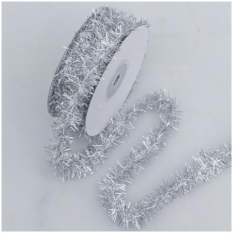 BrightGlow Guirnalda de espumillón de Navidad, fina, guirnalda de Navidad, cinta decorativa, cinta decorativa metálica, lametalizada, para árbol de Navidad, cumpleaños, plata, 40 yardas