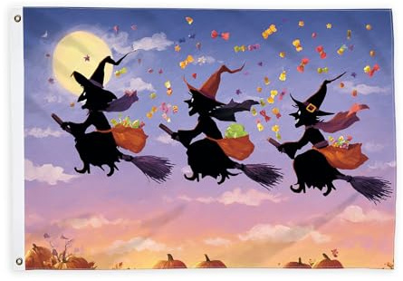 Drapeaux de sorcière pour extérieur, balai, lune festive, Halloween, drapeaux violets avec bannière en corde, décoration d'extérieur résistante à la décoloration pour balcon, terrasse, jardin, entrée