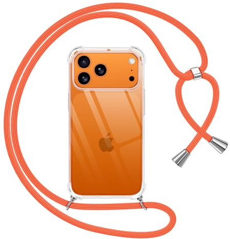 Pnakqil Handyband für iPhone 17 Pro Hülle mit Band, Transparent Weich Silikon mit Kordel Necklace Schnur Anti-Fall Bumper Schutzhülle Case Kompatibel mit iPhone 17 Pro 6.3, Orange