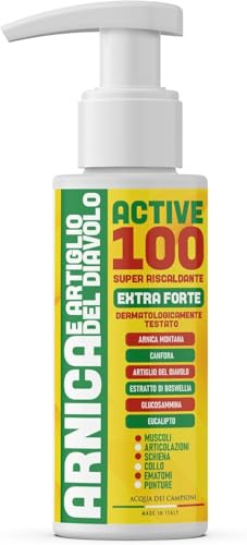 Active 100 Arnica Forte e Artiglio del Diavolo Extra Forte 100ml Crema Riscaldante per Disturbi Articolari, Muscolari e Collo Made In Italy