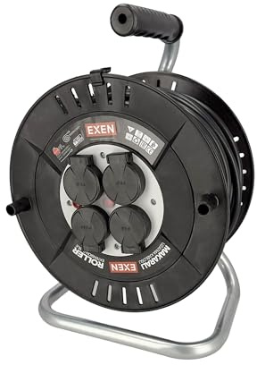 EXEN Enrouleur Électrique 30 m 4 Prises Type E avec Terre - Enrouleur Ménager et Rallonge Électrique 3×2,5 mm² 230V IP44 3300W - Enrouleur de Câble d'Exteriéur pour Jardin, Chantier, Garage