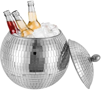 Stainless Steel Disco Ball Ice Bucket with Lid, 1.5L Round Beverage Cooler for Cocktail Wine Bar Parties, Silver