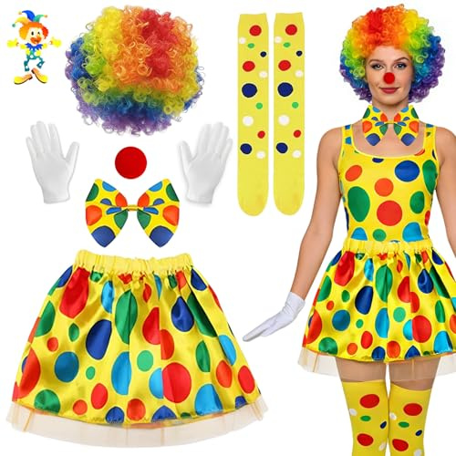 MINUBIN 6 Piezas Disfraz Payaso Mujer Carnaval, Costume Mujer con Peluca y Nariz de Payaso de Colores, Disfraz Accesorios Set para Fiesta de Carnaval Halloween Cosplay