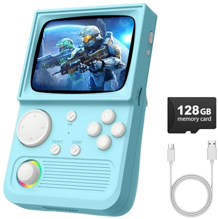 R36T Handheld Game Console with 3.5 CRT-Inspired Screen, Portable Retro Gaming Console with 22000+ Classic Games, Video Game Consoles Supports WiFi Networked Fighting and OTG (Blue 128GB)