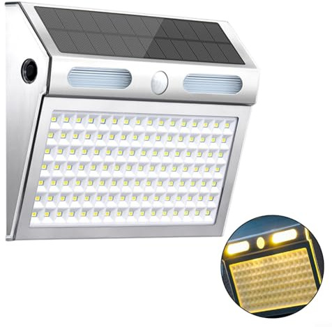 Risveglio Lampada da parete solare con sensore di movimento, 112 LED lampada di sicurezza per esterni, IP65 impermeabile per acciaio inossidabile, 4 modalità di illuminazione anteriore per porta da