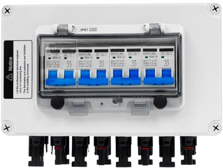 Anschlusskasten Überspannungsschutz PV,30A,Nennspannung DC 12-400V,wandmontiert,LED-Anzeige,mit MC4-Stecker und Klemmenanschluss,4-String-Eingang,4-String-Ausgang,für Solaranlagen und Wohnmobile