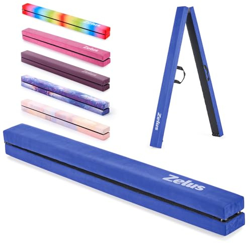 ZELUS 8ft. Folding Gymnastics Balance Beam, Floor Balance Beam w/Carry Handles Anti-Slip Base for Kids, Beginners & Professional Gymnasts (8 ft, Blue)