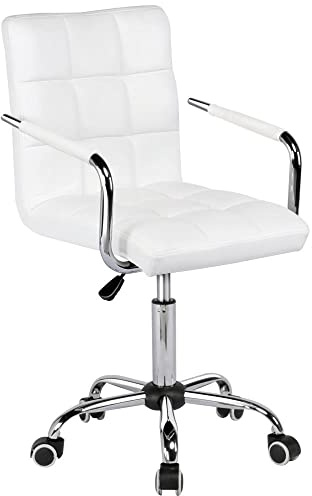 Yaheetech Bürostuhl, ergonomischer Schreibtischstuhl, Drehstuhl mit Rollen, Arbeitshocker mit Armlehne, Chefsessel, höhenverstellbar, aus Kunstleder Weiß