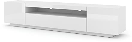 LOWBOARD 200 cm TV Schrank Solo, Unterschrank mit LED, Fernsehschrank, TV Board, Sideboard RTV, TV Schrank, HiFi-Tisch, LED Beleuchtung, Weiß Schwarz Grau Graphit Hochglanz (Weiß ohne Beleuchtung)