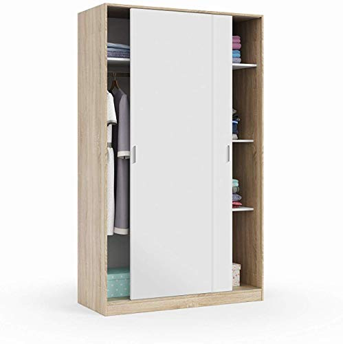 Kleiderschrank mit zwei Schiebetüren und drei Einlegeböden, Eichenfarbe und Mattweiß, Maße 120 x 200 x 50 cm