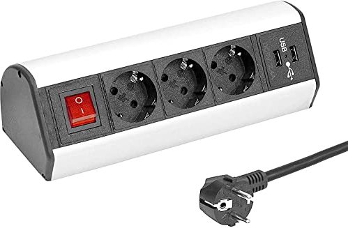 Elbe Inno Tischsteckdose für die Arbeitsplatte (3 Steckdosen & Schalter & 2 USB), Mehrfachsteckdose für Küche und Büro, Steckdosenleiste aus Aluminium in schwarz-grau Optik