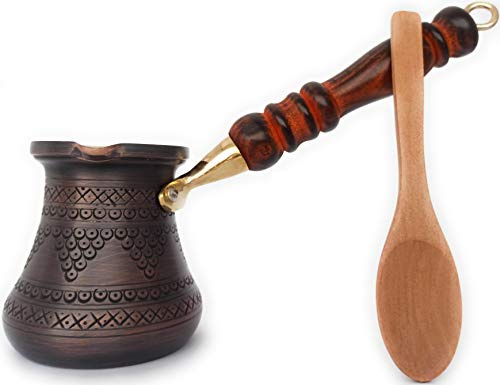 DEDE Copper,PCZ-Serie (klein-6 fl.oz) dickstes massives Kupfer graviert/gestempelt türkisch griechisch arabische Kaffeekanne mit Holzgriff, Kaffeemaschine Cezve Jezve Jazva Jazzve Ibrik Briki (antik)