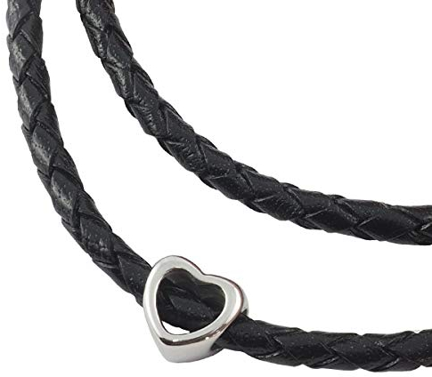König Design Lederkette Anhänger mit Herz Lederband Leder-Armband 4 mm Damen Halskette Schwarz 45 cm lang mit Hebeldruckverschluss geflochten