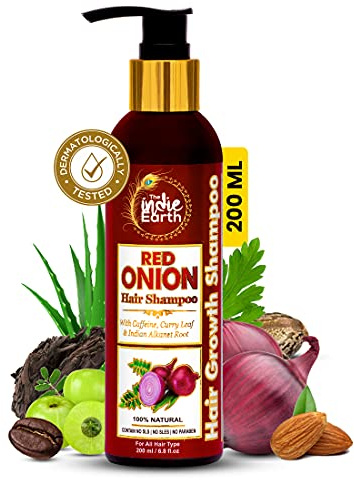 The Indie Earth Red Onion Shampoo with Caffeine Curry Leaf and Indian Alkanet Root Controlling Hair Fall Splitends Promotes Healthy Hair Growth - 200ml Best Onion Shampoo