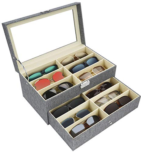 Kurtzy Verschließbare Sonnenbrillen Aufbewahrungsbox 2 Stufig – Brillen Schatulle mit Schloss und Schlüssel, 12 Fächer für 12 Brillen – Brillenhalter Brillenaufbewahrung Grau für Sonnenbrille & Uhren