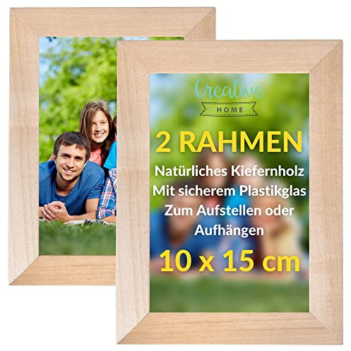 Creative Home 2er Bilderrahmen 10x15 cm Set | Unlackiert Fotorahmen aus Kiefern-Holz | mit Rückwand zum Auf-Stellen und Auf-Hängen | Portrait-Rahmen | Geschenk | 2er-Pack