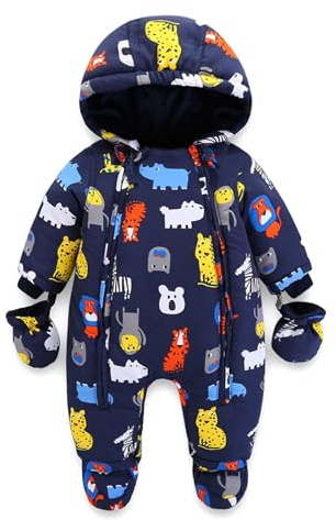 Bebé Traje de Nieve Invierno Monos Peleles con Capucha Niños Niñas Bodys Mameluco Footies Manga Larga Recién Nacido Espesar Overoles con Guantes para 9-12 Meses