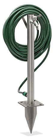 Relaxdays Fontana Portatubo, per Tubi 45 m, HxLxP: 66x29x15 cm, Colonnina da Giardino, Avvolgitubo, Puntale, Argentato, Plastica, Acciaio Inox