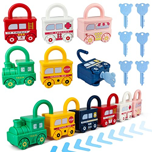 Goujfol Voiture Jouet Enfant avec Clé de Verrouillage, Jeux Montessori Educatif, Parcours Motricité BéBé Jouet Sensoriel, Jeu de Correspondance Cadeau pour GarçOns Fille 2 3 4 Ans