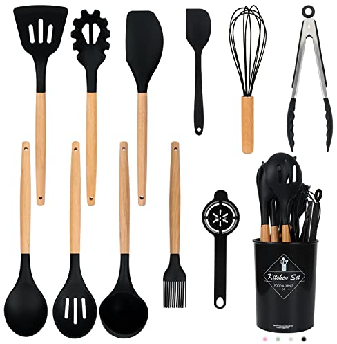 Schwarzes Küchenutensilien-Set, 12-teiliges Silikon-Kochutensilien-Set mit Holzgriff (spülmaschinenfest), 200 °C, hitzebeständiges Spatel-Set, Antihaft-Kochgeschirr, beste Küche