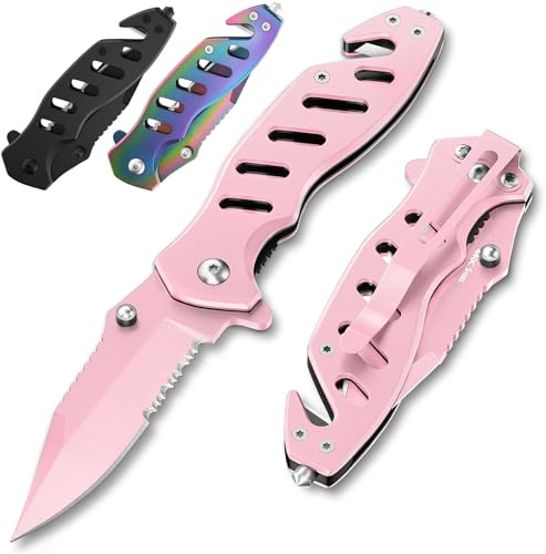 Pink Pocket Knife for Women - Legal Small Knife - 2.68 Inch Serrated Blade - Womens Knife for Self Defense - Cute Girl Survival Tool Pocket & Folding Knives - Mothers Day Gift Idea - 6655 P