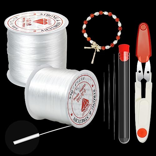 2 Spule 120m x 0,8mm Gummiband für Armbänder, Weiß | Elastisches Band für Armbänder mit Perlennadel und Schere für Schmuckherstellung, Halskette, DIY Basteln