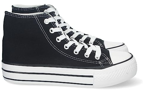 74859 Zapatilla Abotinada de Mujer, de Doble Suela, Comoda, con Material de Lona, Estilo Bamba Casual, y Cierre de Cordones Negro Talla 40
