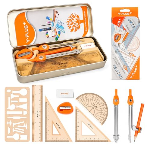 YPLUS Geometrie-Set für Schüler, Mathe Protraktor Kompass mit Linealen, Box Protraktor Kit für Klassenbedarf und Schule, 11 Pcs