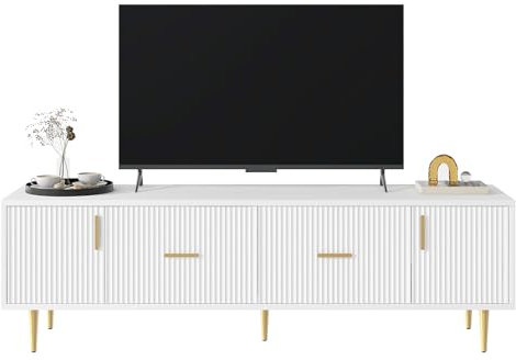 I0I&I0I Langer Weißer TV-Ständer für 70-Zoll-TV, Goldene Griffe, Stilvolles Design mit Vertikalen Streifen auf der Vorderseite, 2 Türen, 2 Schubladen, Leise Scharniere (Weiß)