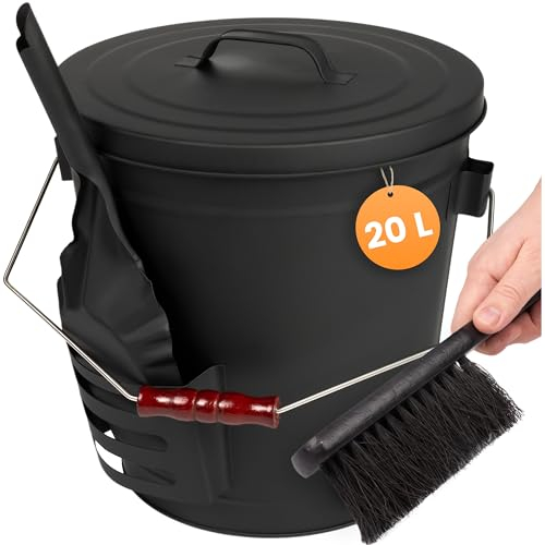 BLACK OAK Stromboli Seau à cendres, 20 l, noir, avec couvercle, pelle et balai, grand, 20 l, en acier galvanisé ignifuge et revêtu par pulvérisation, pour cendres et charbon, accessoires pour