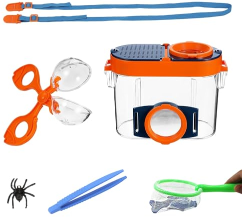 RYAN 1 Stück Lupenglas für Kinder Set Insekten Beobachten Kinder mit Pinzette Mini Fischernetz und Kastengurte Lupenbecher Becherlupen Doppelspiegel Insektenglas für zum Beobachten von Insekten