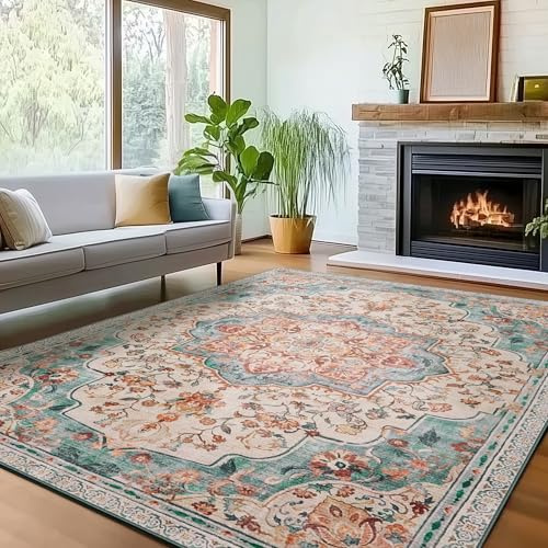 SONGMICS HOME Vintage Teppich, 153 x 214 cm, Wohnzimmerteppich, Schlafzimmerteppich, Waschbarerteppich, Rutschfester Teppich, für Küche, Flur, Esszimmer, aquamarinblau TAR036Q01