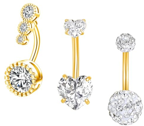 Gojewen 3er Gold Bauchnabelpiercing 14mm Piercing Bauchnabel Langes Bauchpiercing Chirurgenstahl Herz Kristall