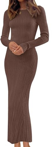 MEROKEETY Women's 2026 Long Sleeve Bodycon Sweater Dress Fall Winter Crew Neck Ribbed Knit Maxi Dresses, Coffee, S