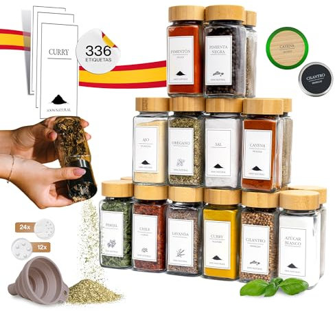 comforder – Botes Especias Cristal – Incluye 336 Etiquetas en Español y Molino – 24 Tarros de 120ml (Bambú)