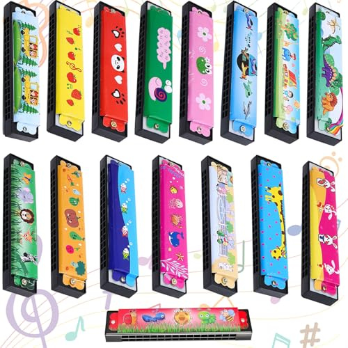 Armonica a Bocca Bambini, 16 Pezzi Cartone Animato di Armonica, 16 Fori Fisarmonica a Bocca, Strumenti Musicali per Bambini, Harmonica Giocattolo Regalo per Principianti, Festa di Compleanno