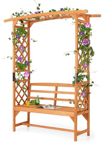 GOPLUS Arche Jardin avec Banc Exterieur, Banc et 2 Treillis pour Plantes Grimpantes, Vignes, Raisins,2 Places, pour Fête, Mariage (50x160x199CM)
