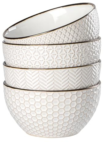Anmula Ceramic Cereal Bowls Set - 26 Oz Embossed Stoneware Soup Bowls for Salad Dessert Pho Noodle Ramen - Microwave Dishwasher Oven Safe - Housewarming Wedding Gift - 6 Inch, Set of 4, White